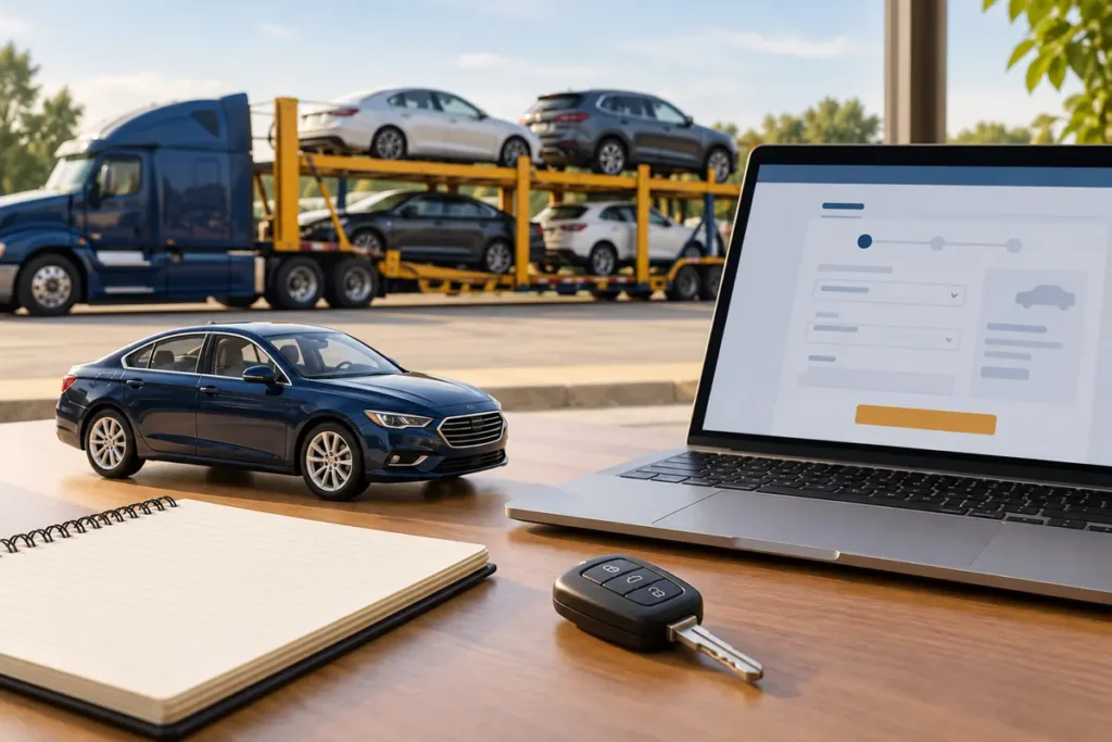 Desk with blank notebook, plain car key, miniature sedan and laptop displaying unreadable abstract form.